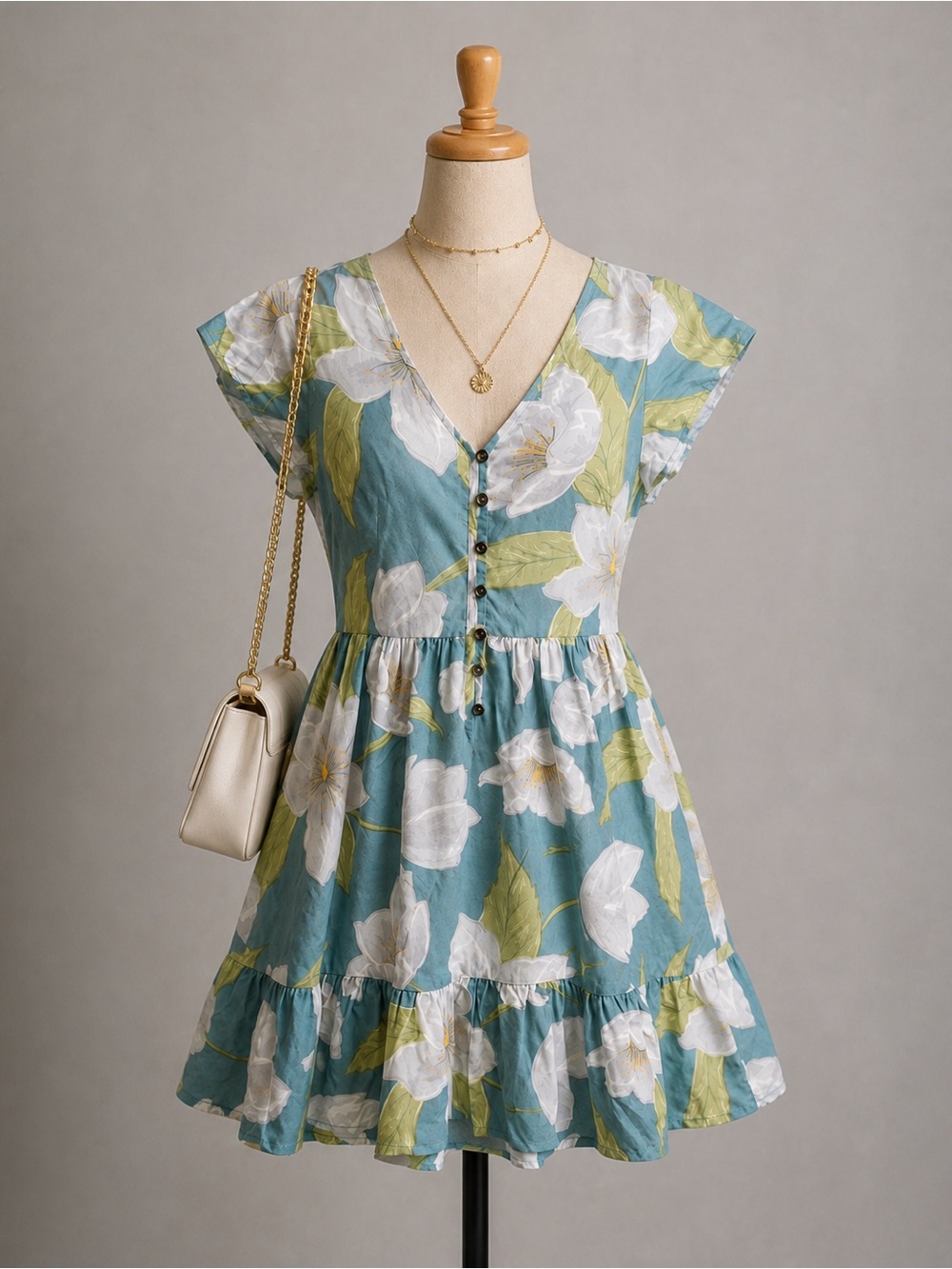Papillon Blanc Blue Floral V-Neck Button-Front Midi Dress